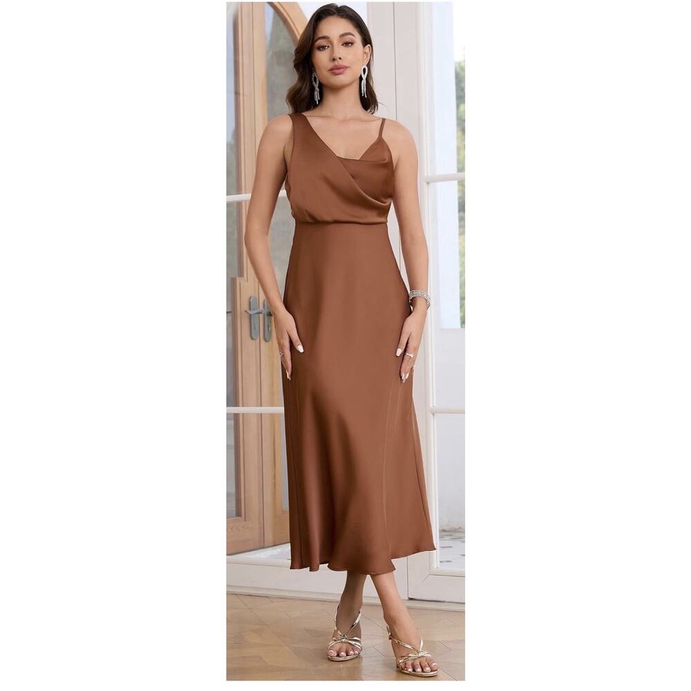 Satin Slip Midi Dress in Brown